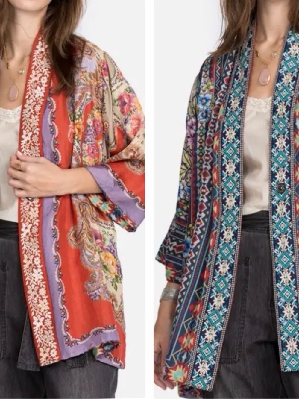 JOHNNY WAS Markel Emelia Reversible 100% Silk Embroidered Trim Kimono Medium GUC